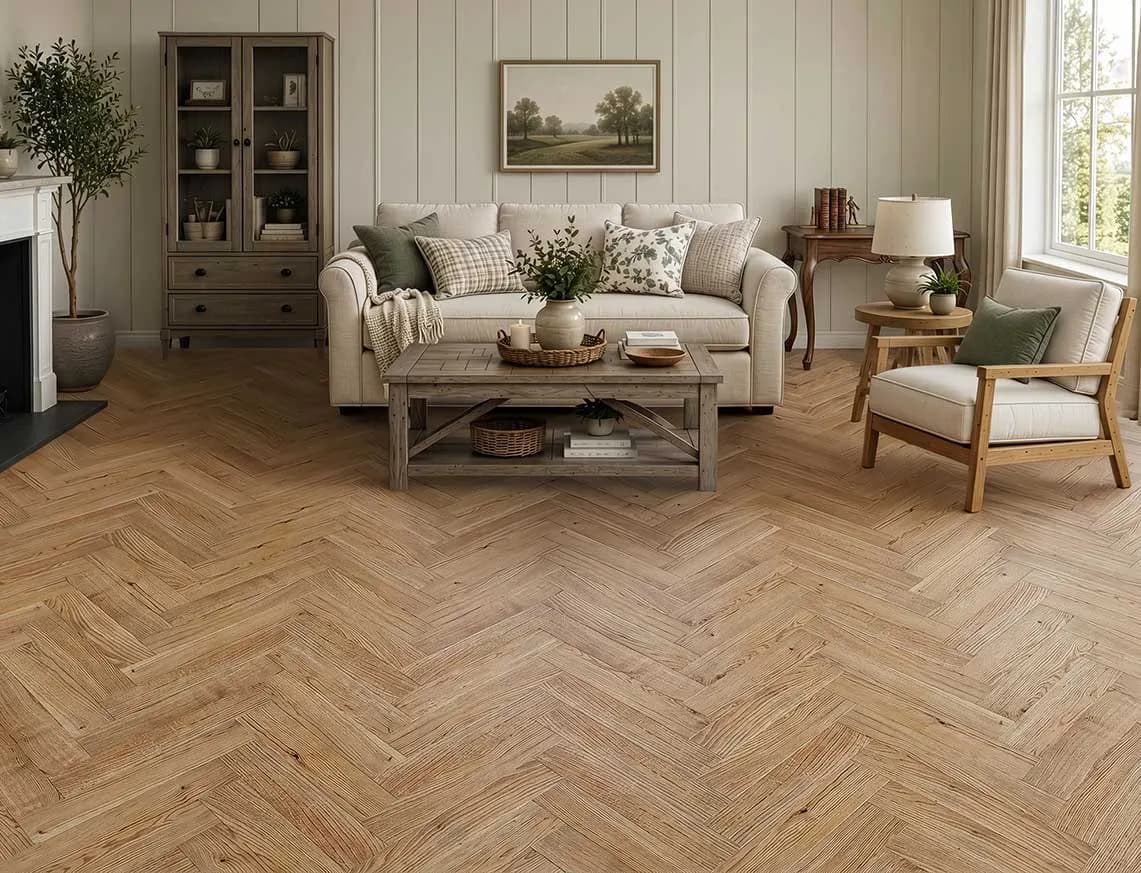 Cadogan Solid Herringbone Oak laid in a room