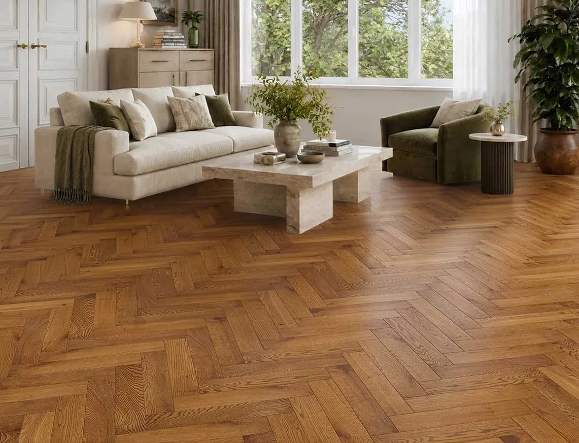 Fitzroy Solid Herringbone Oak laid in a room
