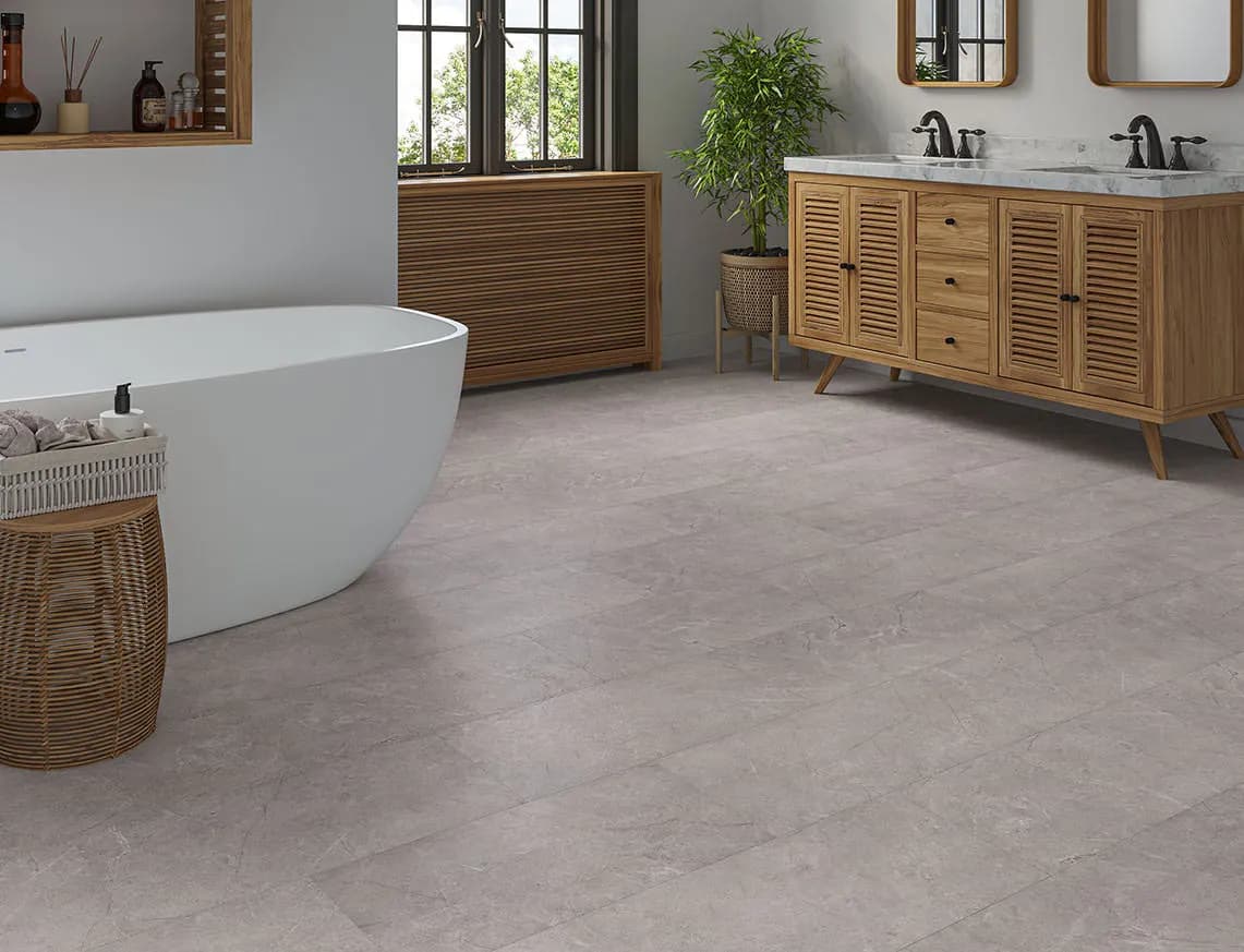 A stone-effect vinyl floor in a wet area