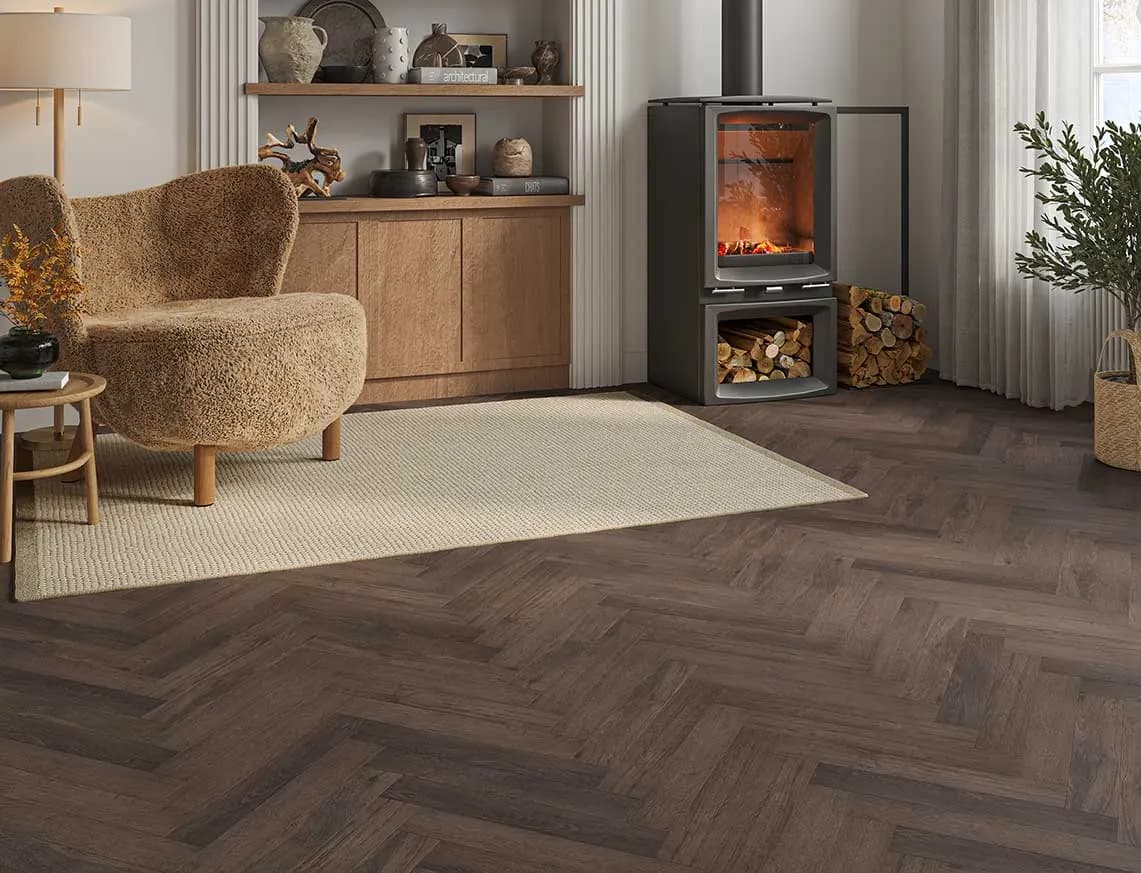 Hamilton 2mm Havana Walnut Oak Herringbone LVT laid in a room