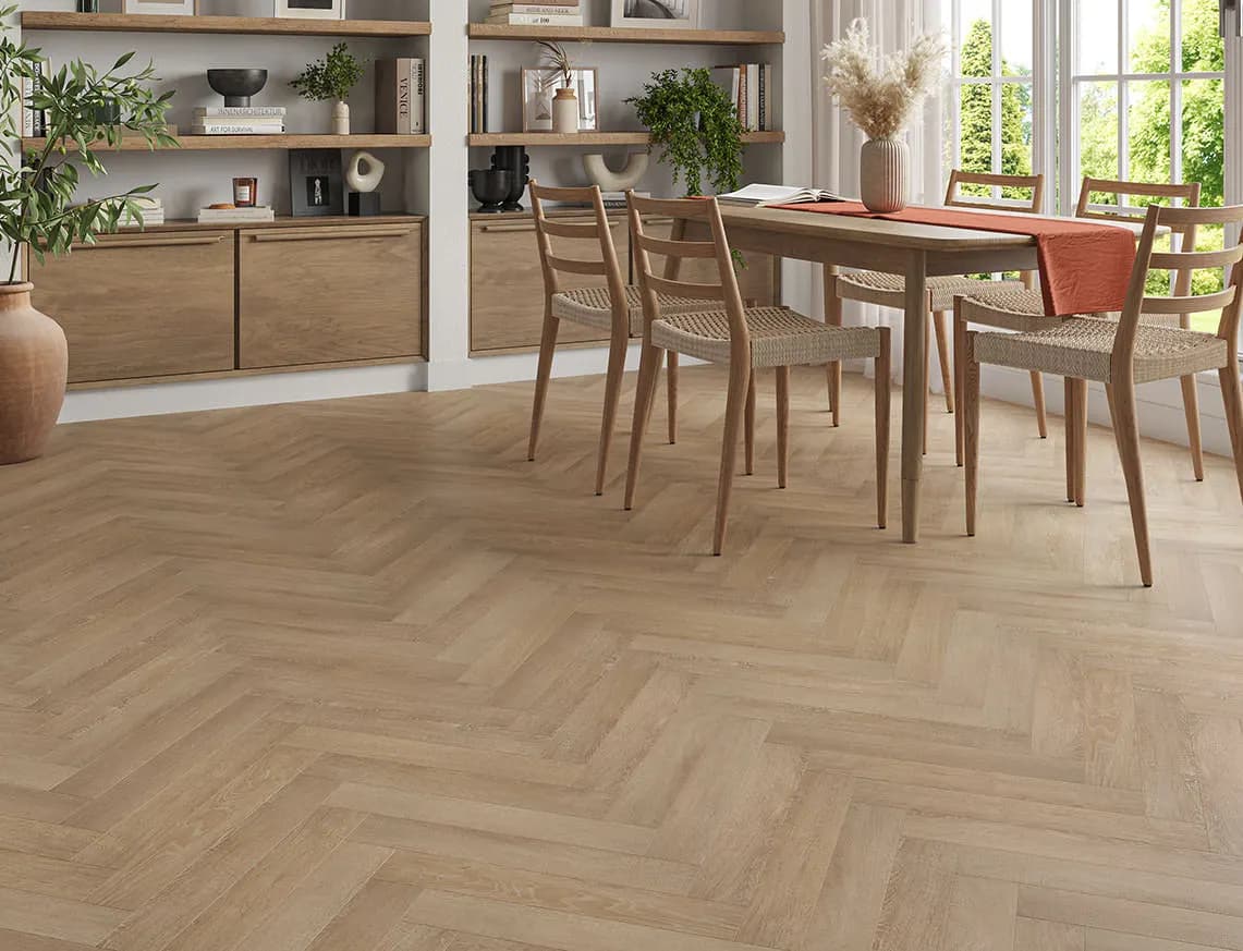 Hamilton 2mm Sanded Chestnut Oak Herringbone LVT laid in a room