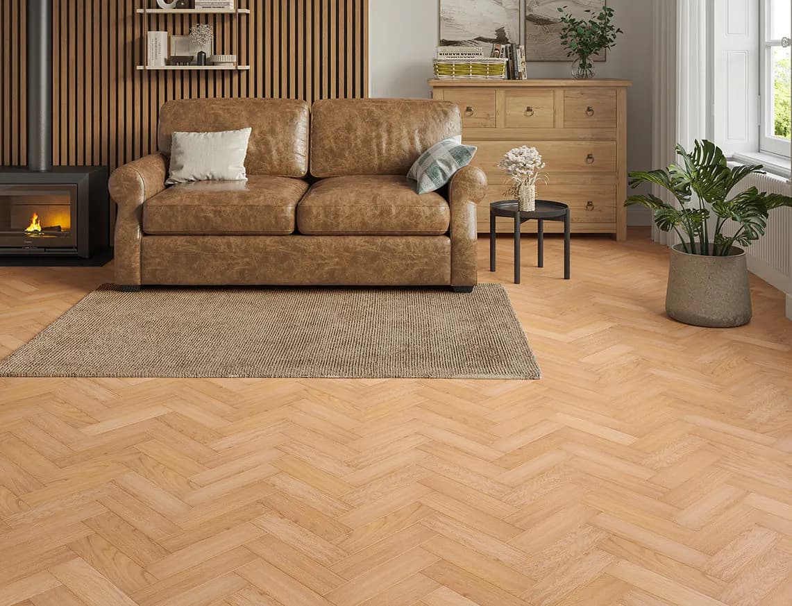 Heysham Engineered Herringbone Oak laid in a room
