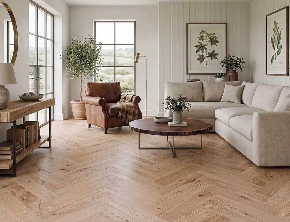 A herringbone oak floor in a bright living room