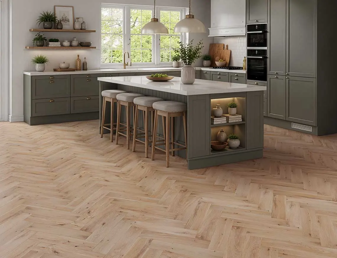 Midhurst Solid Herringbone Oak laid in a room