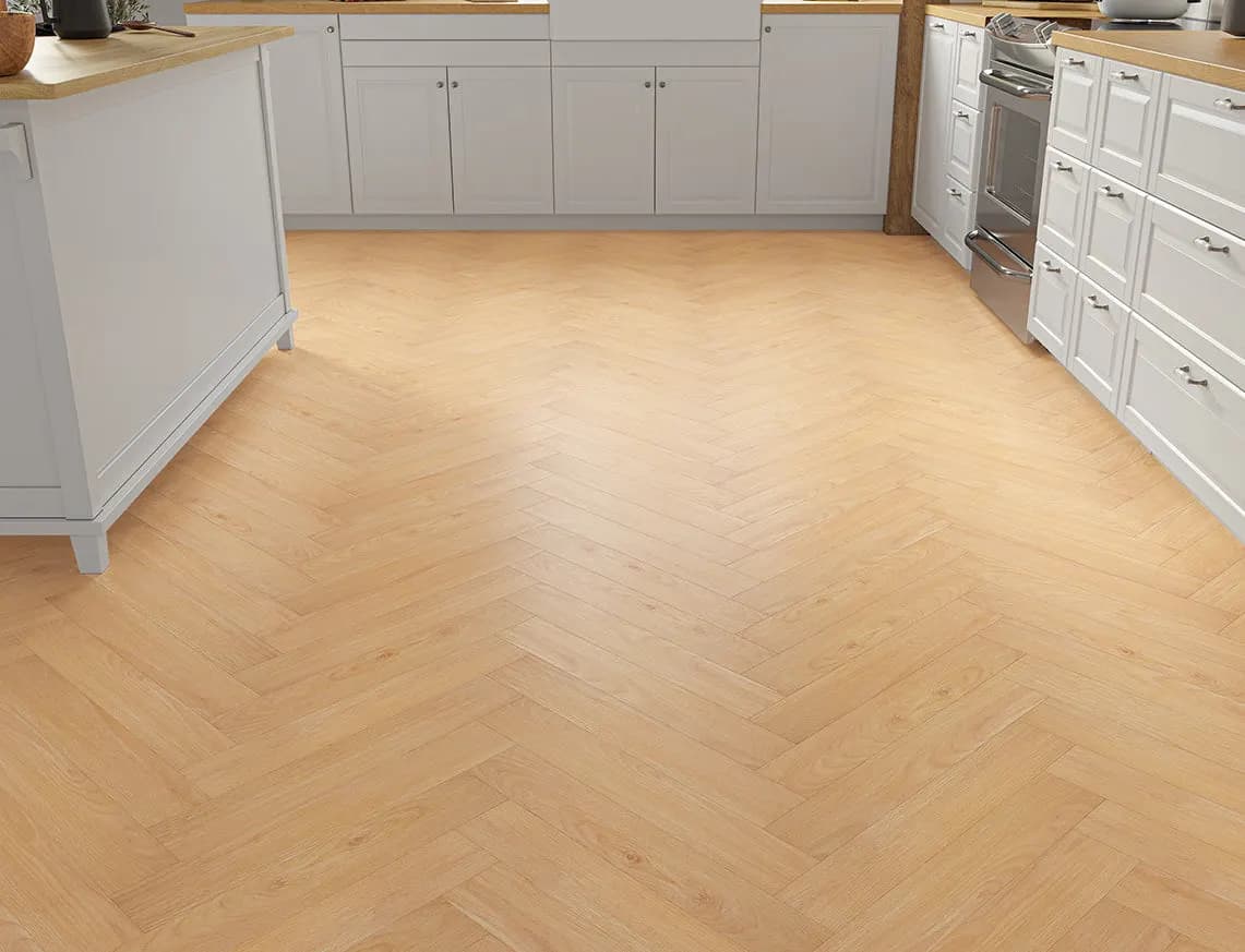 Oakleigh 8mm Herringbone Buttermere Laminate laid in a room