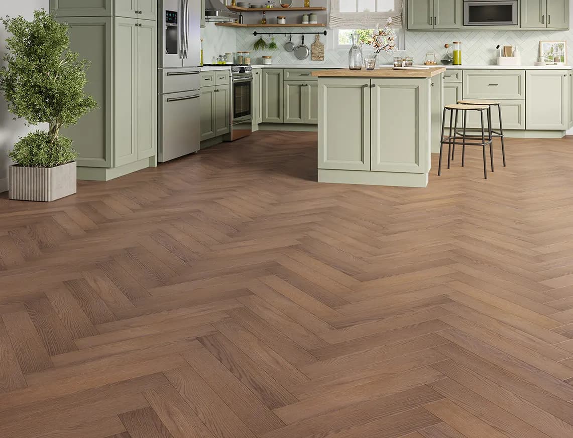 Oakleigh Deluxe 12mm Herringbone Romsey Laminate laid in a room
