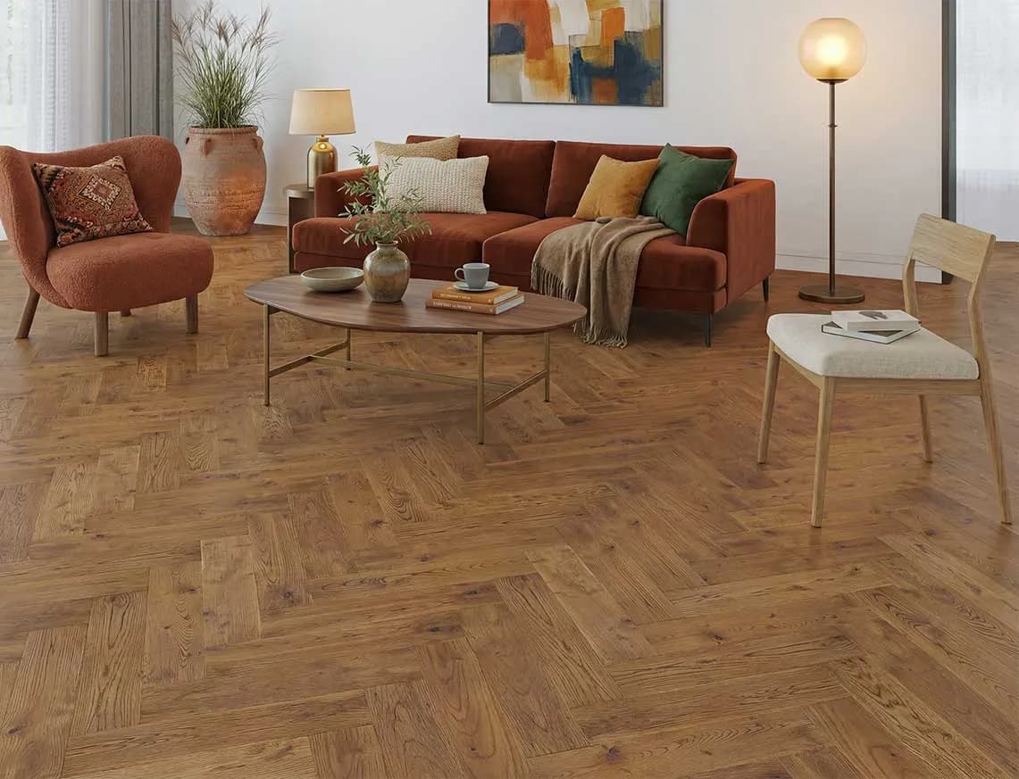 Russell Solid Herringbone Oak laid in a room