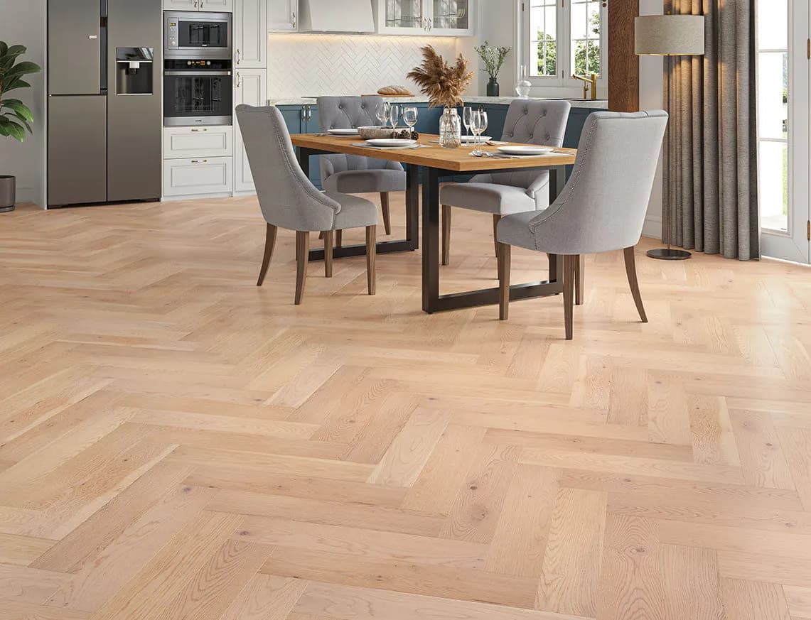 Salcey Engineered Herringbone Oak laid in a room