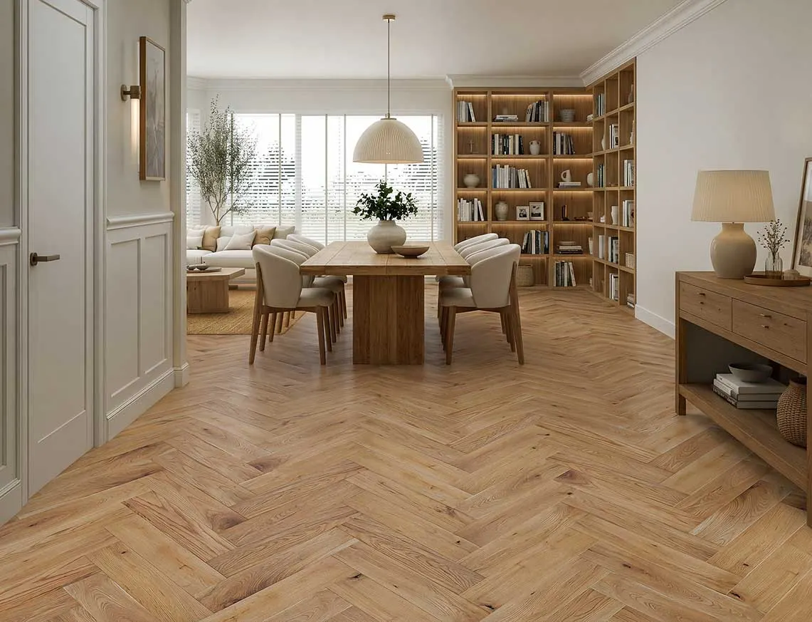 Salisbury Solid Herringbone Oak laid in a room