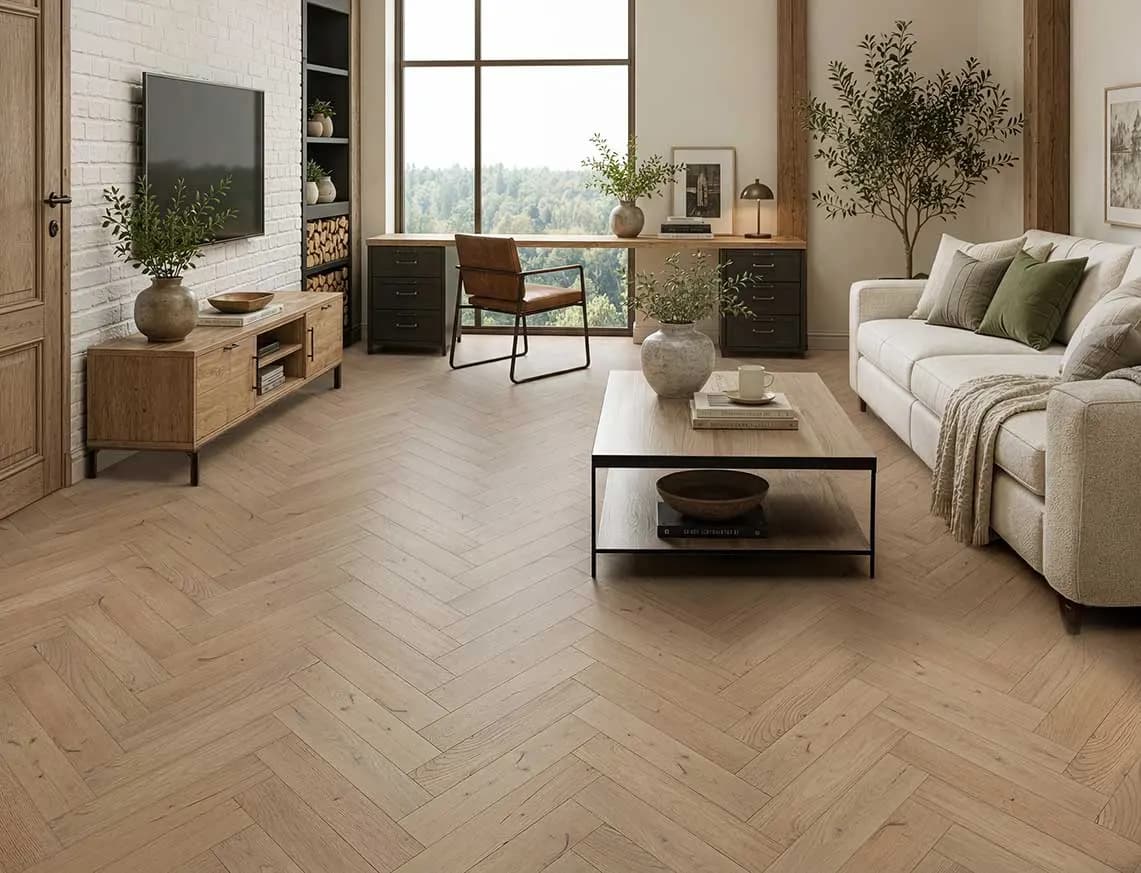 Stamford Solid Herringbone Oak laid in a room