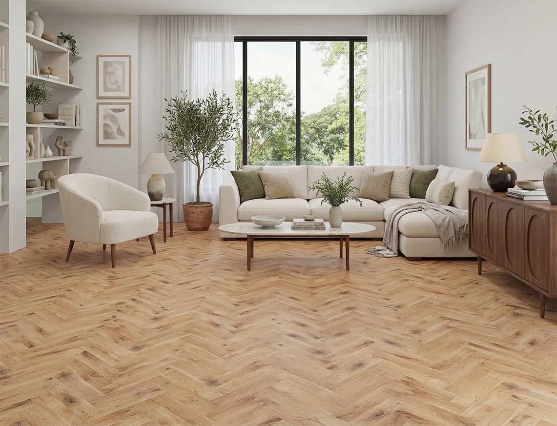 Tavistock Solid Herringbone Oak laid in a room
