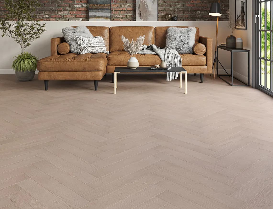 Oakleigh 8mm Herringbone Helmsley Laminate laid in a room
