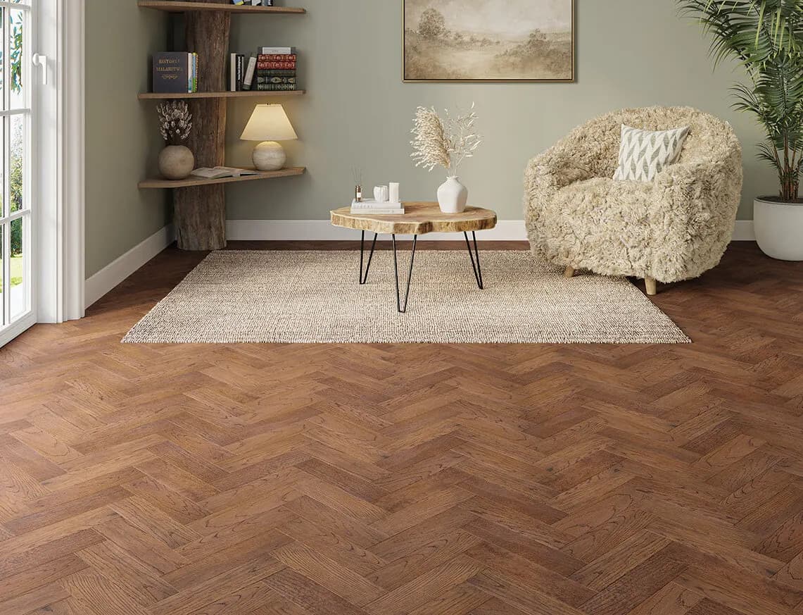 Windsor Engineered Herringbone Oak laid in a room