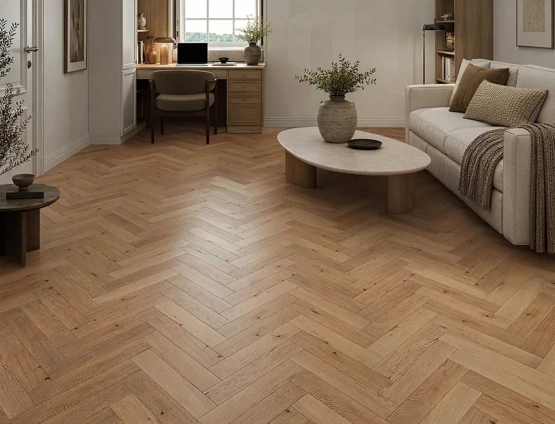 A herringbone oak floor in a furnished room